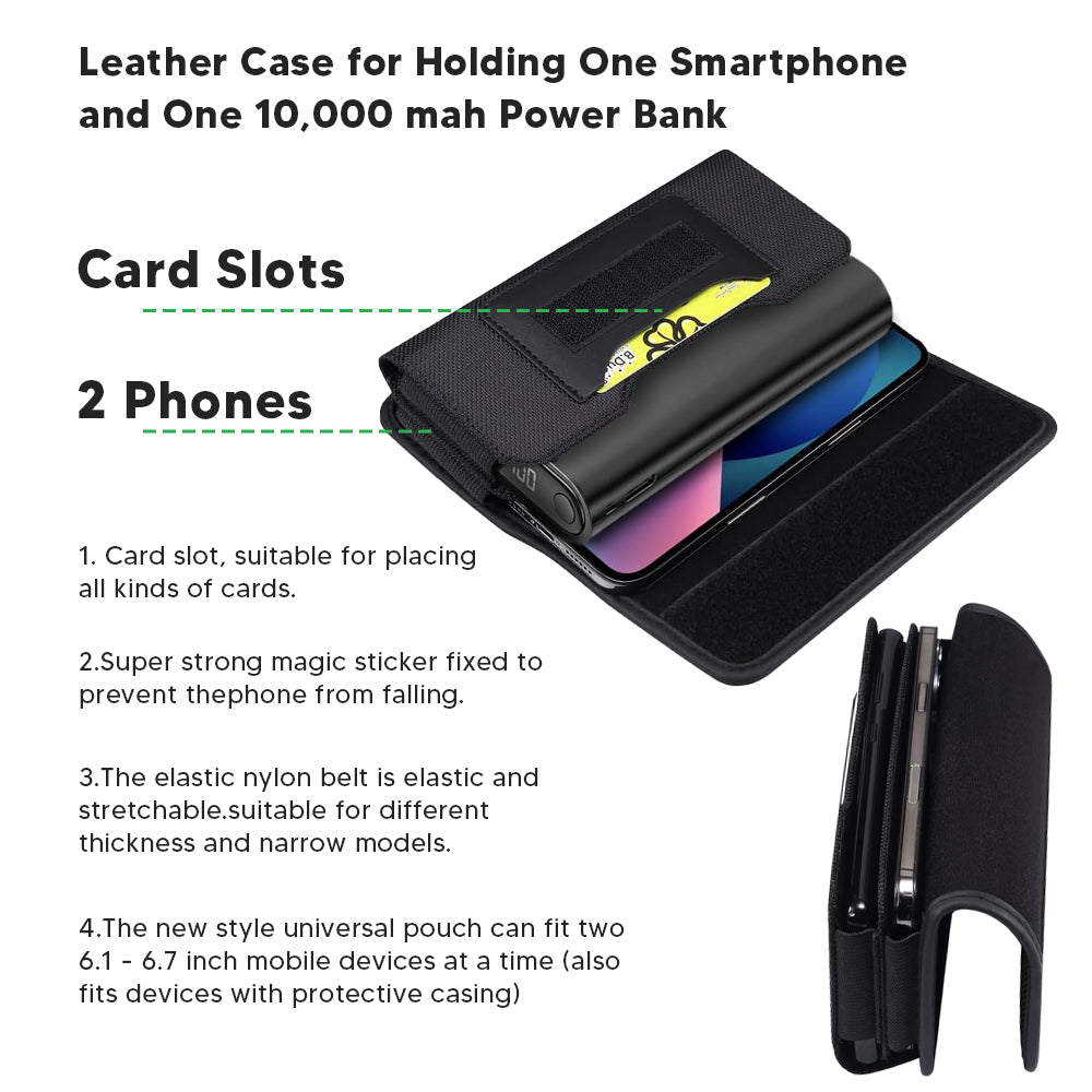 For Apple iPhone 16 Pro (6.3") Universal Dual Horizontal Nylon Case For Two Phone Carrying Pouch Large Cover with Card Storage Pocket & Belt Clip Loop Holster [Black]