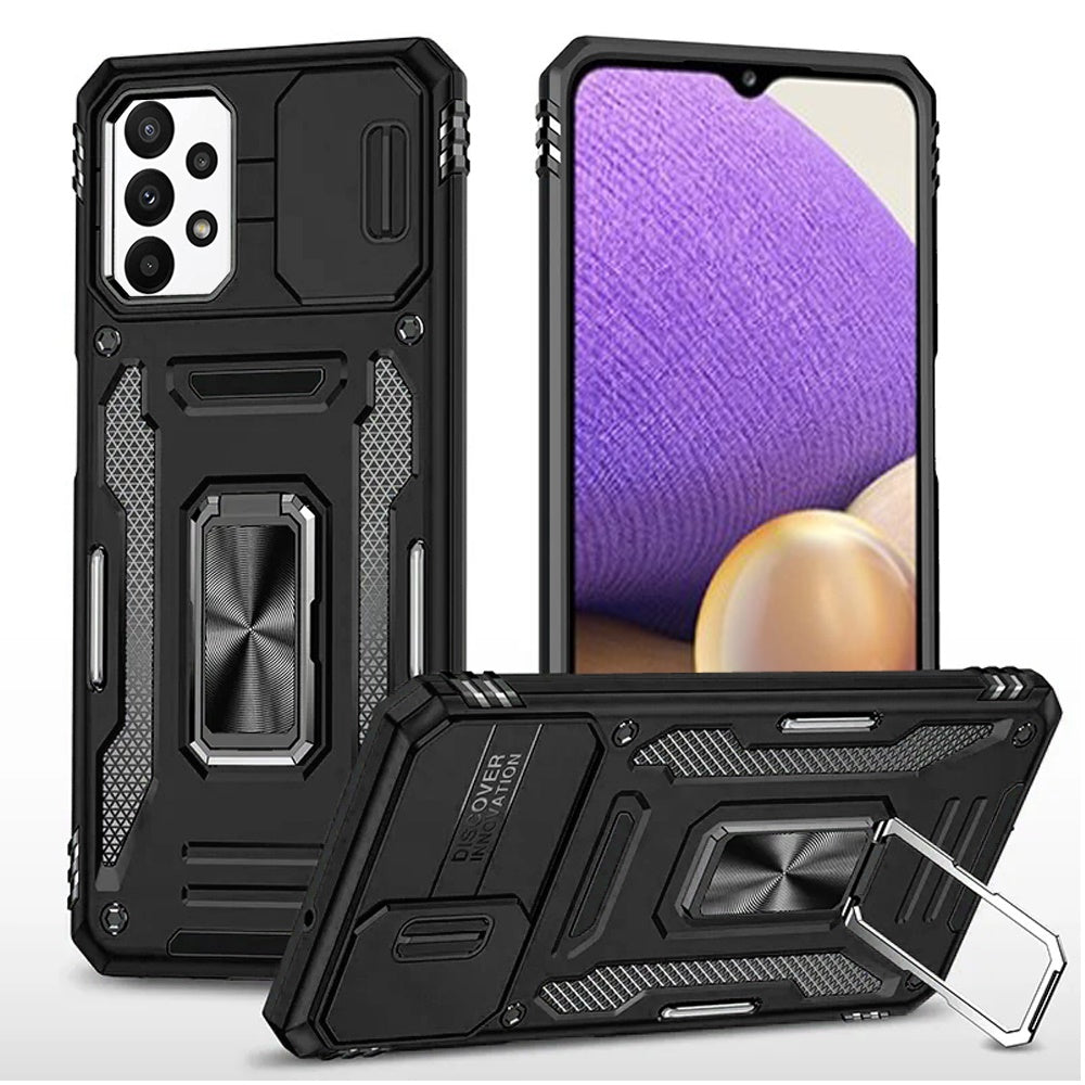 For Samsung Galaxy A32 5G Tough Hybrid Case with Movable Camera Window & Metal Ring Stand Shockproof Case Cover Black