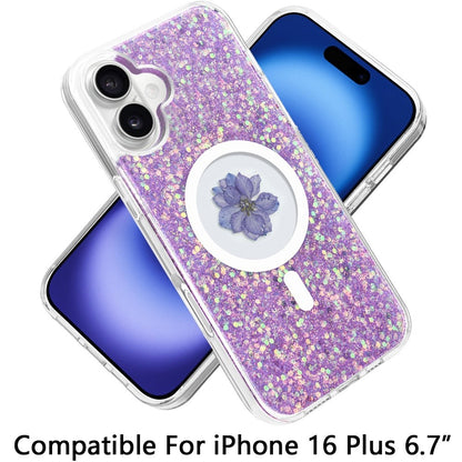 For Apple iPhone 16 Plus MagSafe Compatible Glitter Flower Epoxy Hybrid Slim TPU Case, Magnetic Circle Design, Sparkly Bling Protective Case Cover Gold