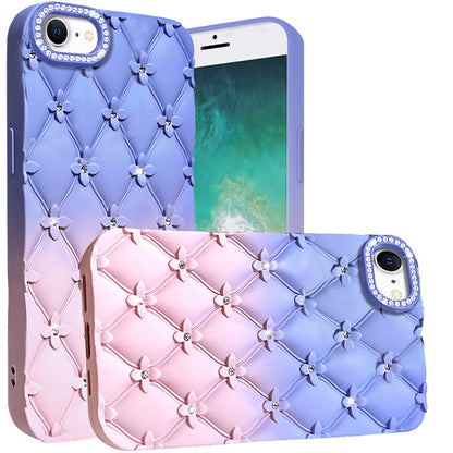 For Apple iPhone 17E /16E Fashion Flower Design Sparkle Glitter Shimmer Rhinestone Bling Floral Accents, Leather Texture TPU Case Cover