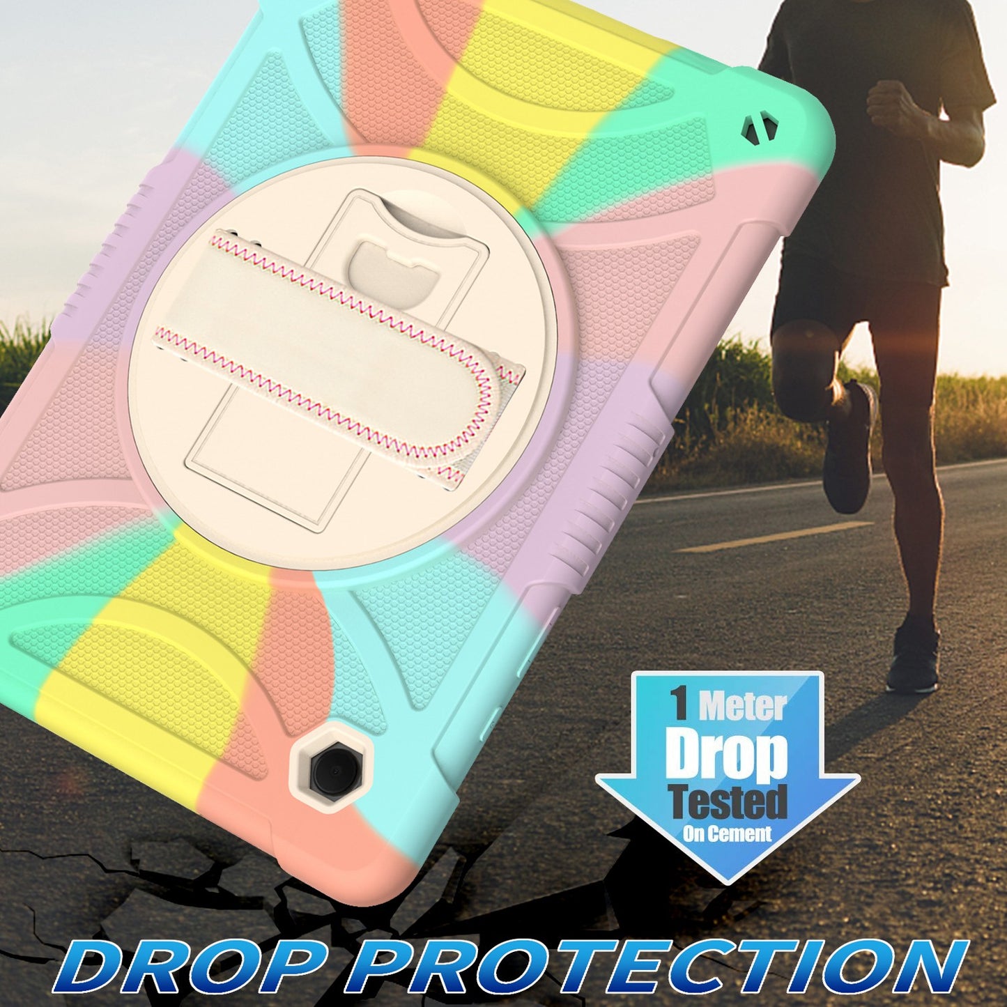 For 3-in-1 Tough Hybrid Shockproof Protector Silicone TPU with Pencil Holder, Kickstand, Hand & Shoulder Strap Colorful Rainbow Tablet Case Cover
