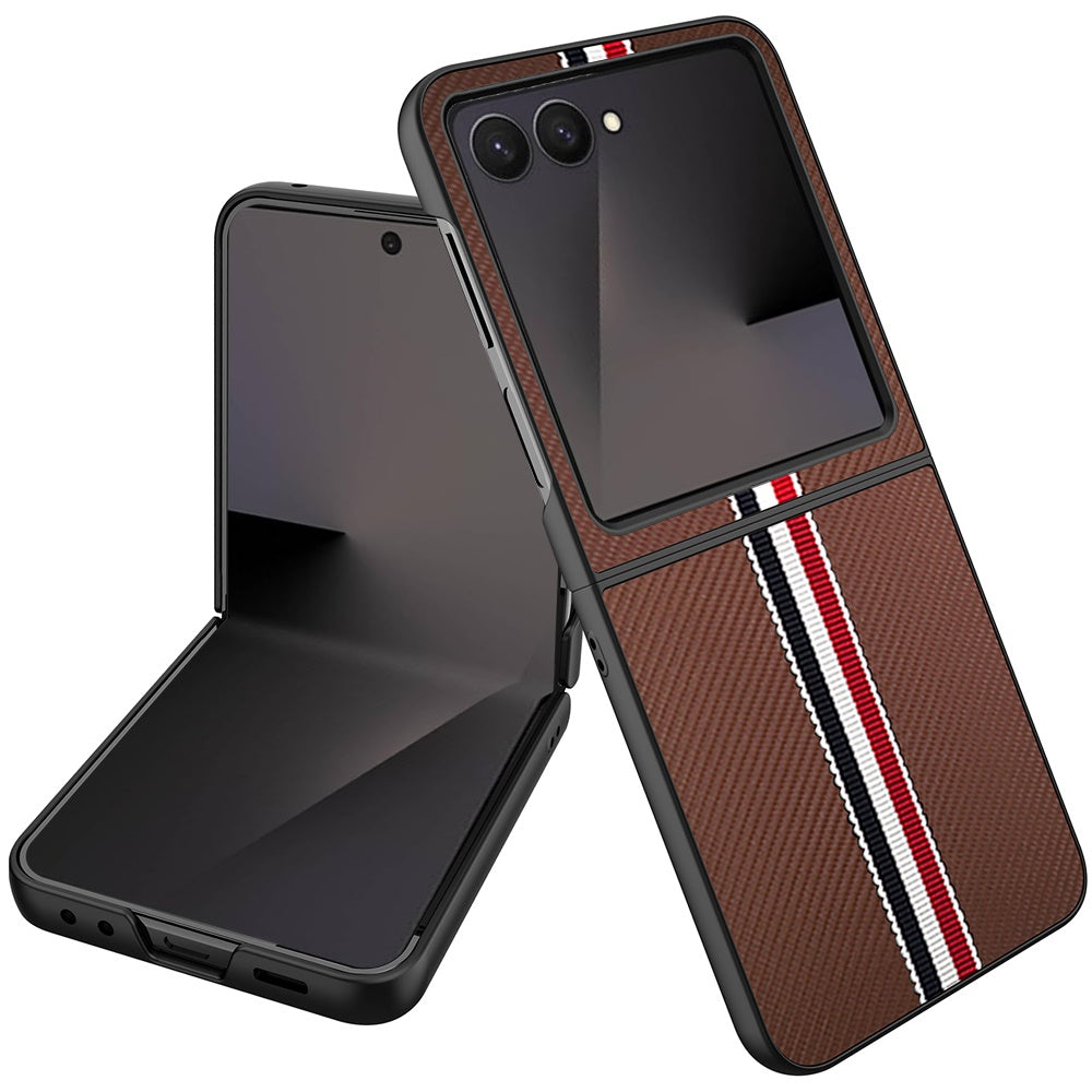 For Samsung Galaxy Z Flip 7 Velvet Fabric PU Vegan Leather, Premium Flip Design, Slim Snap-On Hard PC + TPU Case Cover Brown