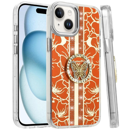 For Apple iPhone 15 Diamonds 3D Butterfly Floral Design Bling Sparkly Glitter Hybrid Metal Fashion with Ring Stand Case Cover