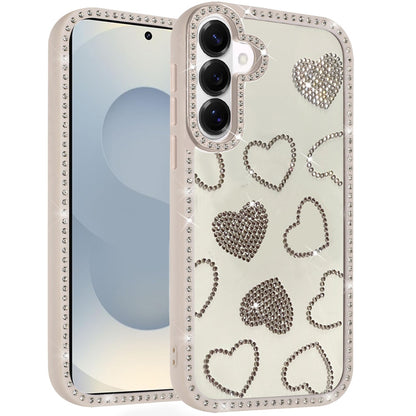 For Apple iPhone 17E /16E Spread Love Glitter Shimmer Bling Diamond Edge Hybrid Drop Protection Shockproof Design Case Cover Beige
