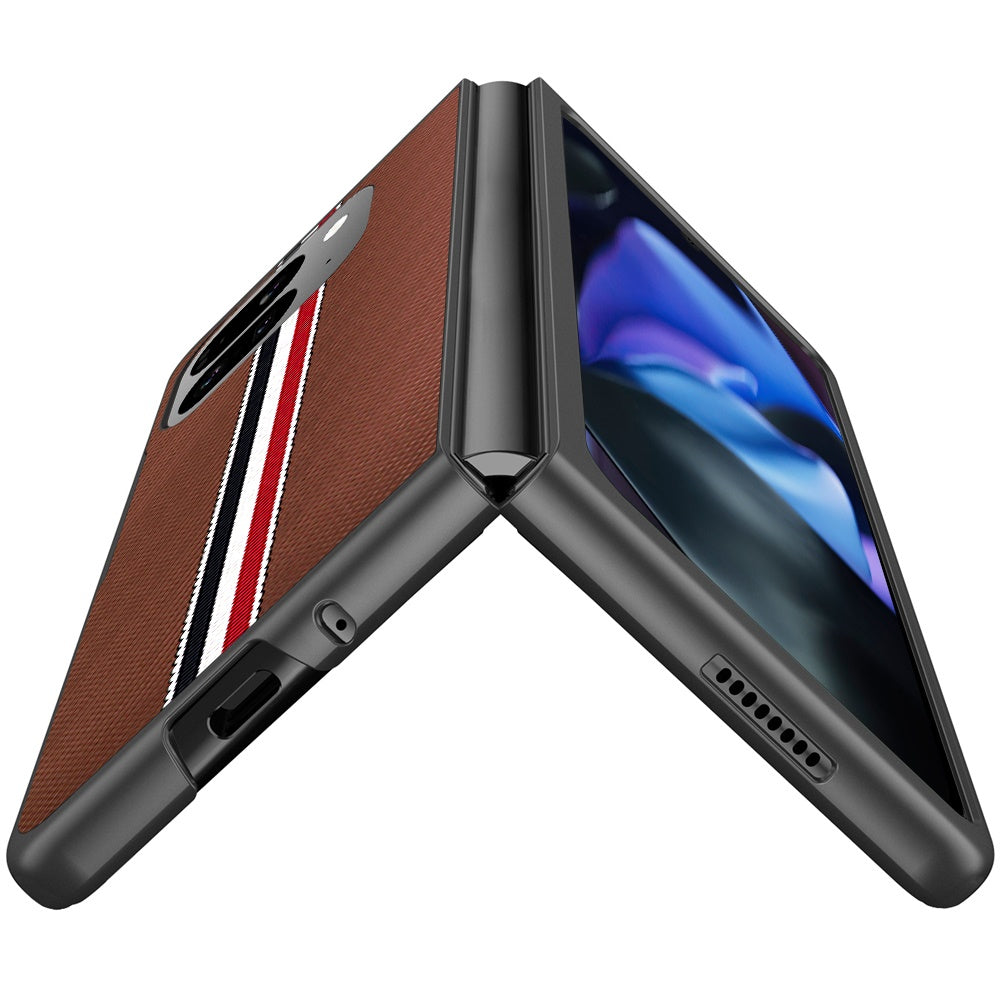 For Google Pixel 10 Pro Fold Velvet Fabric PU Vegan Leather, Premium Flip Design, Slim Snap-On Hard PC + TPU Case Cover Brown