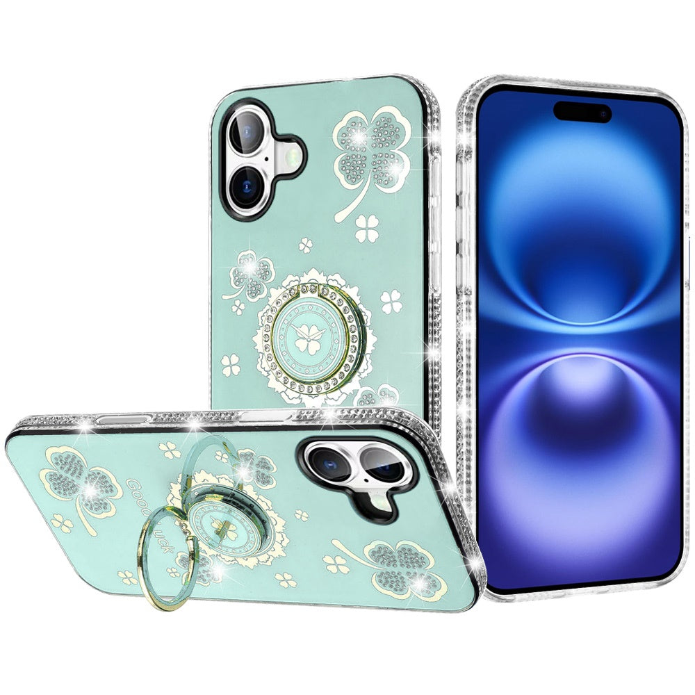 For Apple iPhone 17 (6.3") Diamonds Bling All Around Edges Sparkly Glitter Hybrid with Ring Stand Holder Fashion Good Luck Case Cover