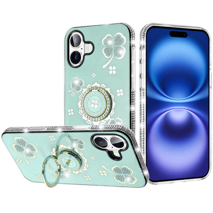 For Apple iPhone 17 (6.3") Diamonds Bling All Around Edges Sparkly Glitter Hybrid with Ring Stand Holder Fashion Good Luck Case Cover