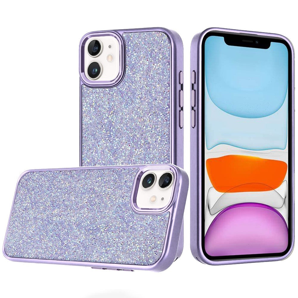 For Apple iPhone 11 Crystal Sparkle Diamond Glass Full Mini Glitter Bling Frame TPU Hybrid Protective Case Cover Rose Gold