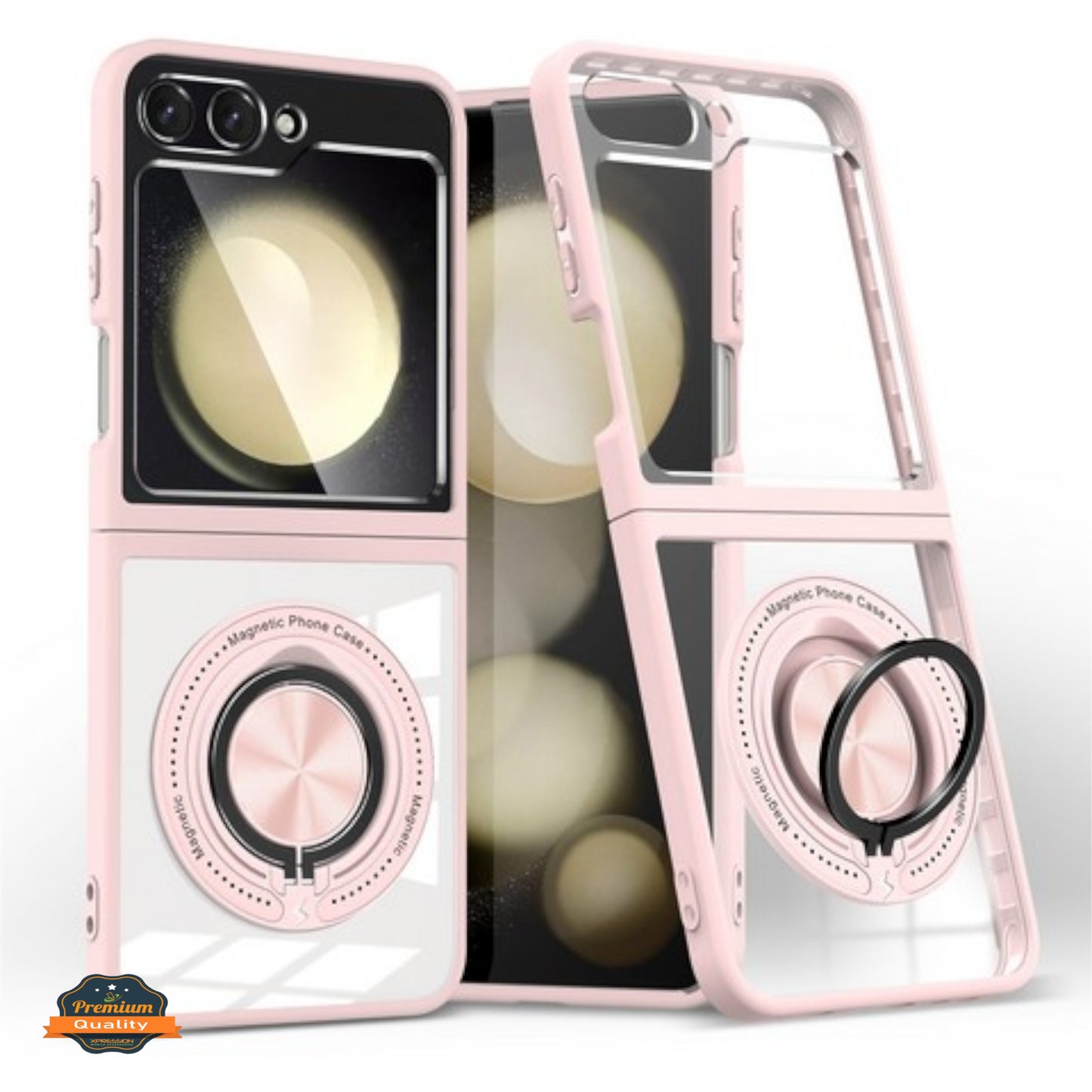 For Samsung Galaxy Z Flip 7 Clear Transparent Back Hybrid with Rotating Ring Stand, MagSafe Compatible Shockproof Slim TPU PC Case Cover