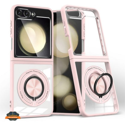 For Samsung Galaxy Z Flip 7 Clear Transparent Back Hybrid with Rotating Ring Stand, MagSafe Compatible Shockproof Slim TPU PC Case Cover