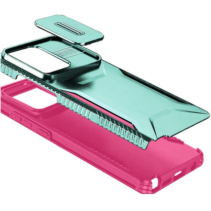 For Motorola Edge 2025 Slim Fit Shockproof Hybrid with Slide Camera Window Covering, Rugged Tpu Silicone Hard PC Bumper Case Cover Teal+Hot Pink
