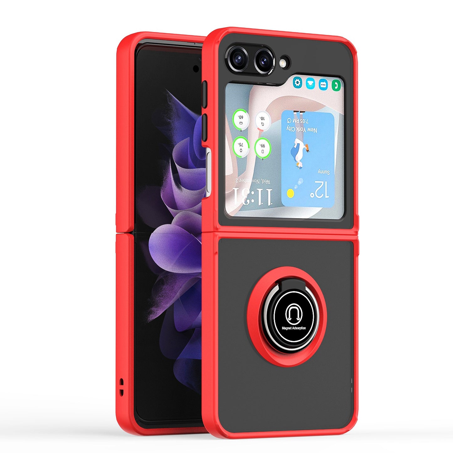 For Samsung Galaxy Z Flip 7 FE Semi Transparent Matte Hybrid Protective PC & TPU Shockproof with 360° Rotation Ring Stand Case Cover Red