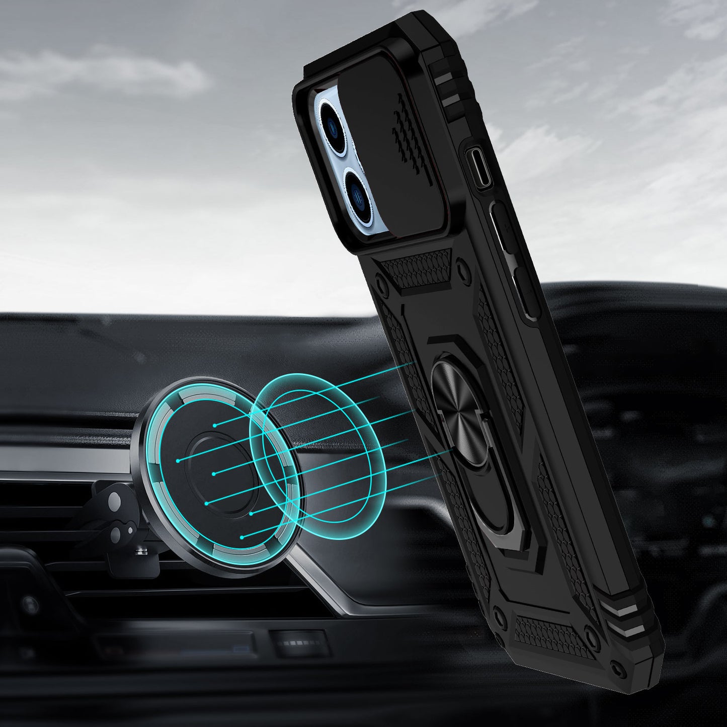 Phone Case for iPhone 15 Pro (6.1") Shockproof Magnetic Ring Stand Camera Guard Rugged Grip Anti Slip Heavy Duty Hybrid Armor Durable Matte Cover Black