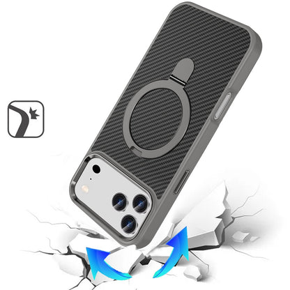 For Apple iPhone 17 Pro (6.3") Hybrid Carbon Fiber Design with MagSafe Compatible [Magnetic Circle], Ring Stand Shockproof Slim TPU Case Cover