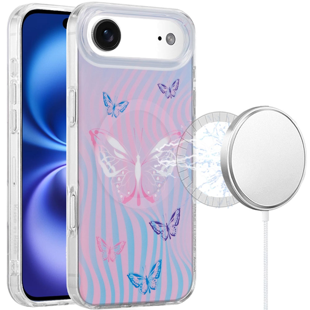 For Apple iPhone 17 AIR Stylish Pattern Fashion IMD Printed Design TPU Double Layer Slim Shockproof with Magnetic Back Case Cover Pink Butterfly