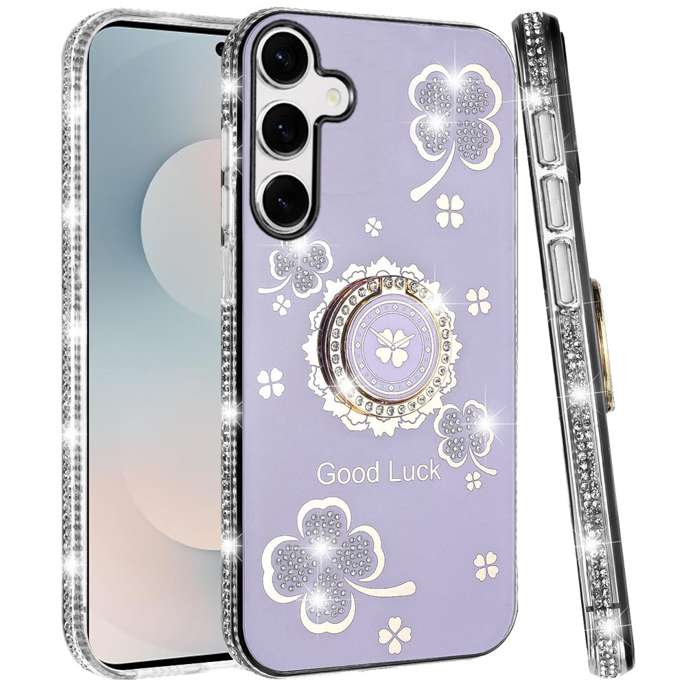 For Samsung Galaxy S26 Diamonds Bling All Around Edges Sparkly Glitter Hybrid with Ring Stand Holder Fashion Good Luck Case Cover