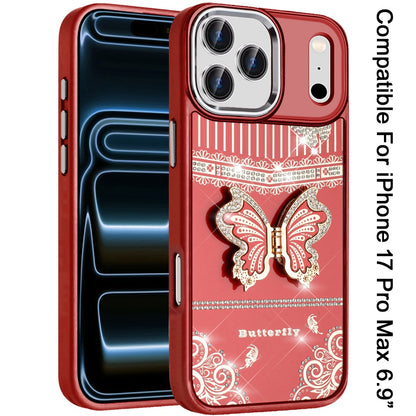Phone Case for Apple iPhone 17 Pro Max (6.9") Glitter Bling Butterfly Stand Metallic Edge Hybrid Shockproof Grip Durable Camera Protection Stylish Design Cover