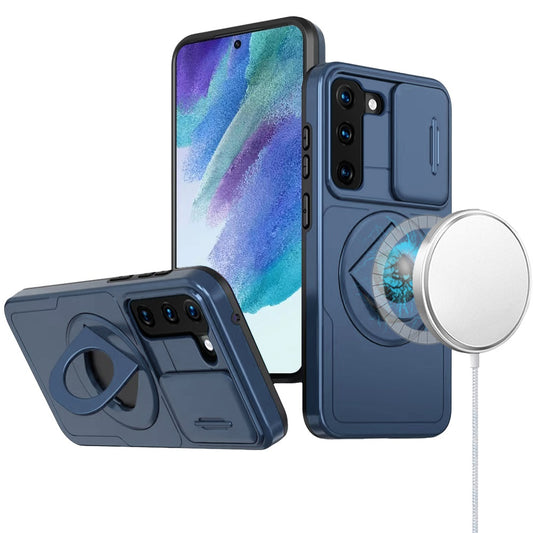 For Samsung Galaxy S21 FE /Fan Edition Full Coverage with Camera Window, Magnetic Circle, Rotatable Ring Stand, MagSafe Compatible, Shockproof Hybrid Protectiv Case Cover Blue