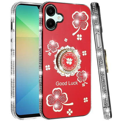 For Samsung Galaxy A06 Diamonds Bling All Around Edges Sparkly Glitter Hybrid with Ring Stand Holder Fashion Good Luck Case Cover