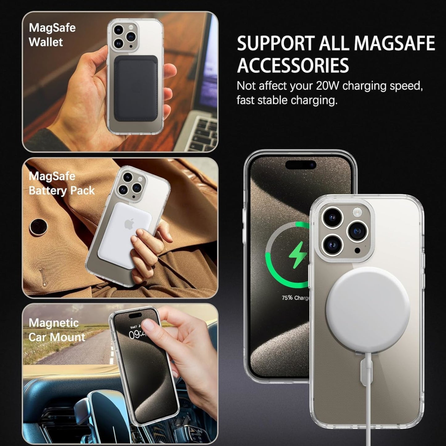 For Apple iPhone 15 Pro (6.1") Magnetic Hybrid Transparent Edge Bumper Invisible Stand [Compatible with Magsafe] Slim  Phone Case Cover