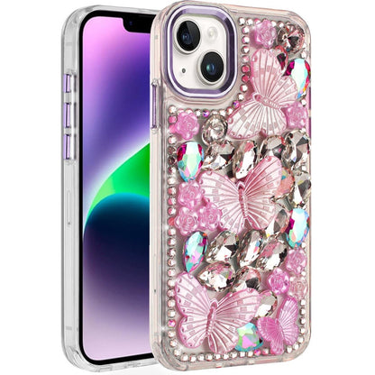 For Apple iPhone 16e 3D Diamond Floral Butterfly Bling Stone Hybrid, Sparkly Rhinestone Gemstone Back Shockproof Case Cover
