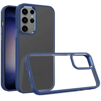 For Samsung Galaxy A17 5G Slim Fit Hybrid Transparent Thick Acrylic with Metal Buttons Frame Protective Hard PC + TPU Shockproof Case Cover Blue