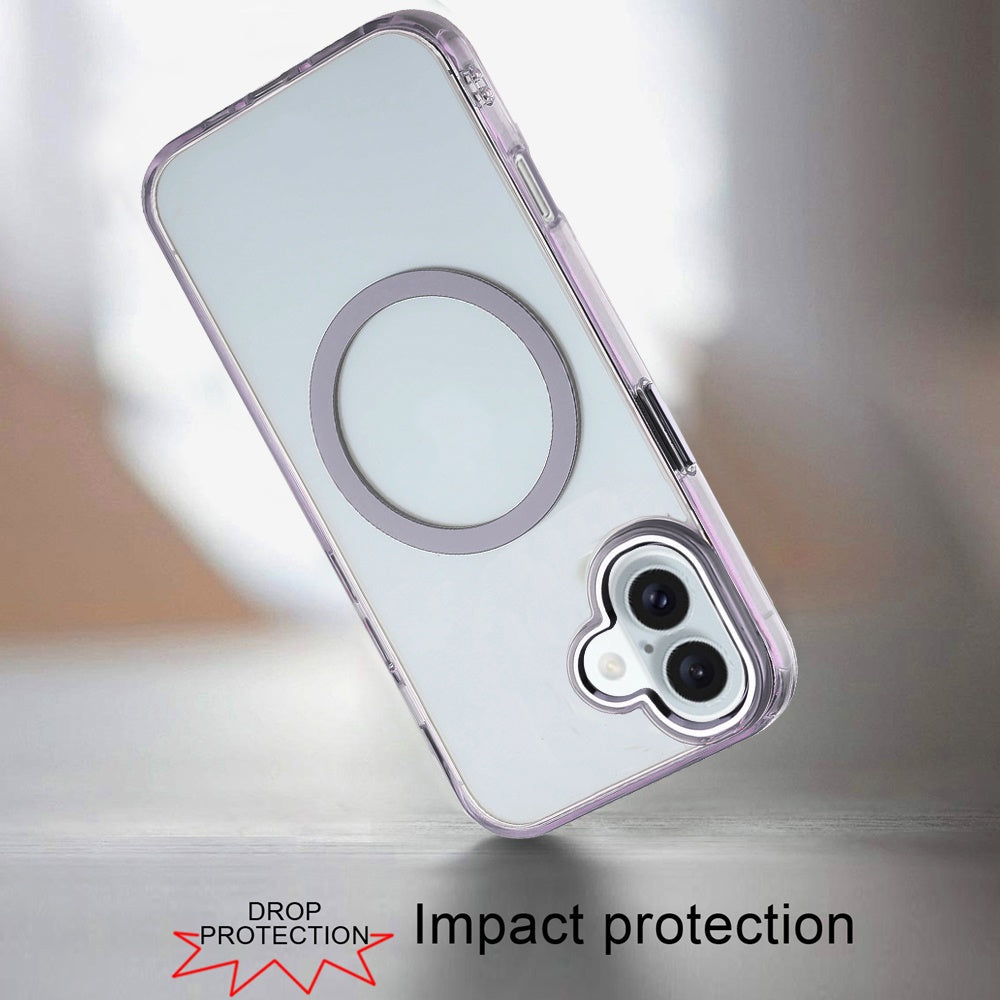 For Apple iPhone 16 (6.1") Transparent Back Hybrid Case - Magnetic Circle, Color Frame, Metal Buttons, MagSafe Compatible Case Cover Light Purple