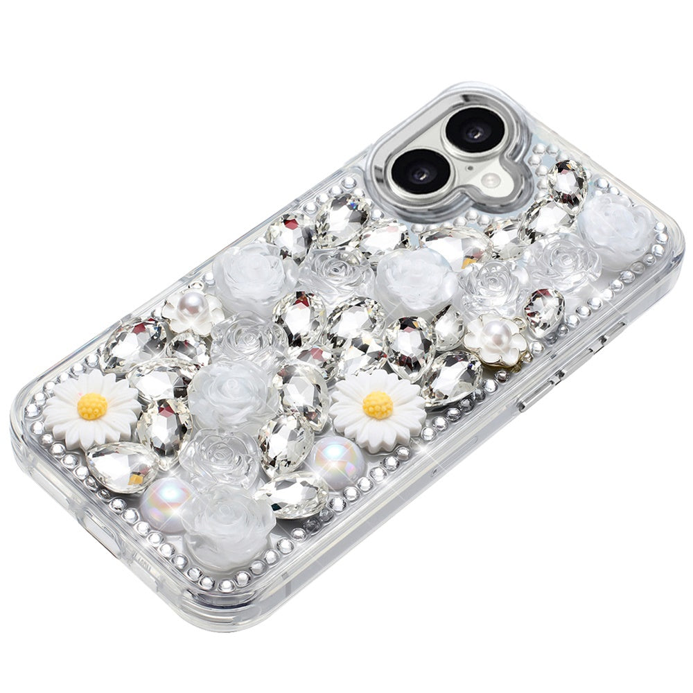 For Apple iPhone 17 (6.3") Fashion Daisy Floral Series, Full 3D Bling Crystal Diamonds Sparkling Rhinestone Glitter Hybrid Design Case Cover