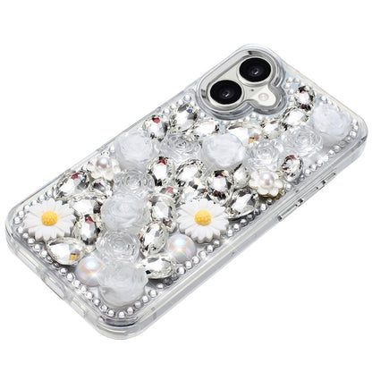 For Apple iPhone 17 (6.3") Fashion Daisy Floral Series, Full 3D Bling Crystal Diamonds Sparkling Rhinestone Glitter Hybrid Design Case Cover