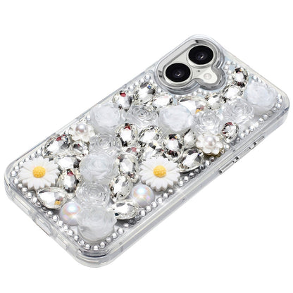 For Apple iPhone 17 (6.3") Fashion Daisy Floral Series, Full 3D Bling Crystal Diamonds Sparkling Rhinestone Glitter Hybrid Design Case Cover