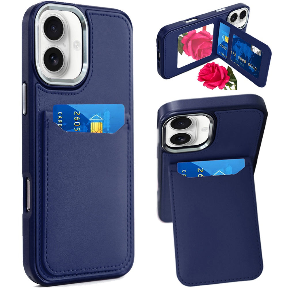 For Apple iPhone 17 (6.3") PU Leather Wallet Cover with Credit Card Holder, Kickstand & Mirror Inside Slim Fit TPU & PC Hybrid Design Case Cover