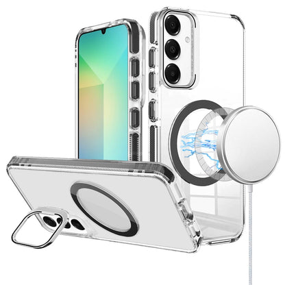 For Samsung Galaxy A06 Built-in Camera Kick-Stand, Compatible with MagSafe, Transparent Colorful Edged Tough Hybrid TPU Case Cover Clear Black