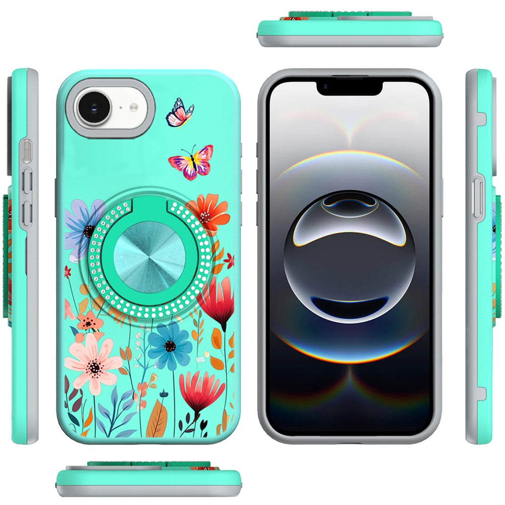 For Apple iPhone 16e Pattern Design Hybrid with Invisible Ring Stand & Magnetic Back, Shockproof Protective Grip Case Cover Summer Bloom