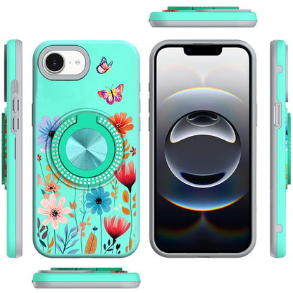 For Apple iPhone 16e Pattern Design Hybrid with Invisible Ring Stand & Magnetic Back, Shockproof Protective Grip Case Cover Summer Bloom
