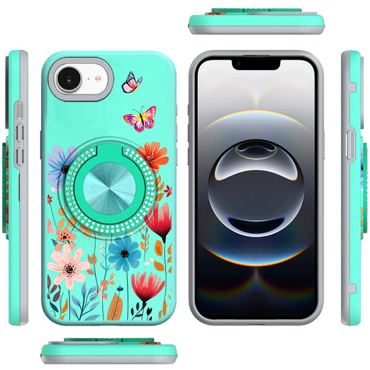 For Apple iPhone 16e Pattern Design Hybrid with Invisible Ring Stand & Magnetic Back, Shockproof Protective Grip Case Cover Summer Bloom