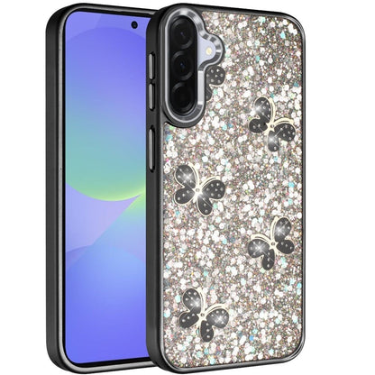 For Samsung Galaxy A36 Cute Butterfly Crystal Diamond Glitter Case Sparkle Bling Frame Metallic Edges, Shimmer TPU Hybrid Case Cover
