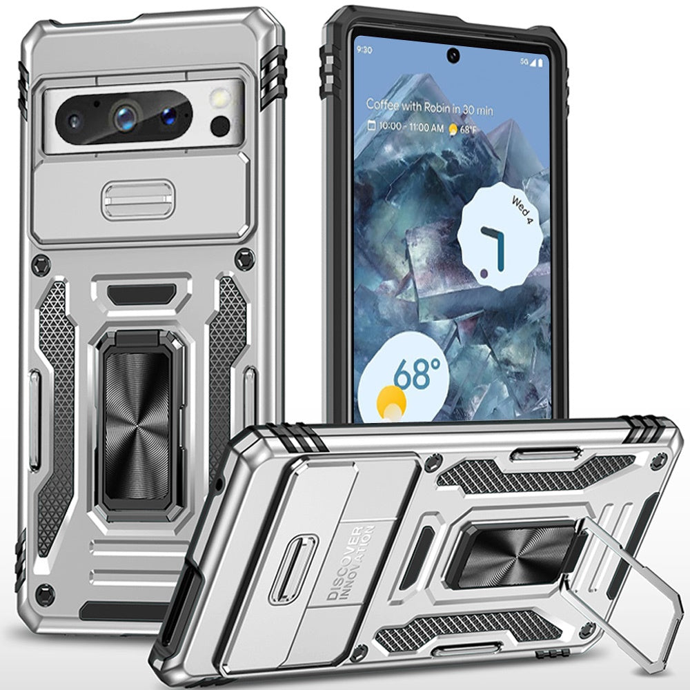For Google Pixel 9 Pro XL Tough Hybrid Case with Movable Camera Window & Metal Ring Stand Shockproof Case Cover