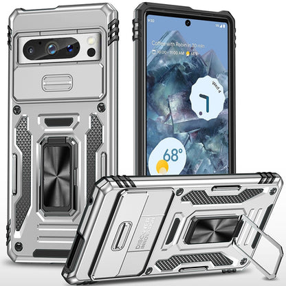 For Google Pixel 9 Pro XL Tough Hybrid Case with Movable Camera Window & Metal Ring Stand Shockproof Case Cover
