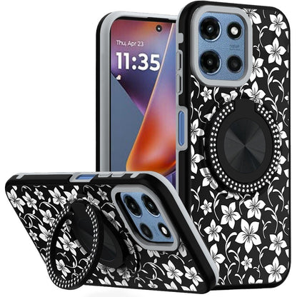 Phone Case for Motorola Moto G 5G 2026 / 2025 Magnetic Ring Stand Matte Metal Hybrid Car Mount Friendly Shockproof Rotational Grip Diamond Design Pattern Cover Classic Floral