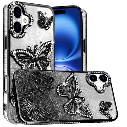 For Apple iPhone 17 (6.3") Luxury Butterfly Sparkle Glitter Diamond Crystal Rhinestone Shimmer Bling Plating Thick TPU Hard PC Case Cover