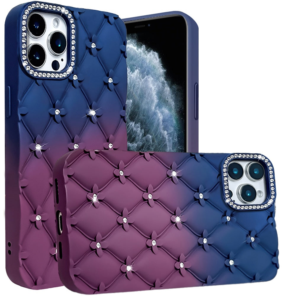 For Apple iPhone 11 Pro Max Fashion Flower Design Sparkle Glitter Shimmer Rhinestone Bling Floral Accents, Leather Texture TPU Case Cover Light Blue/Light Pink