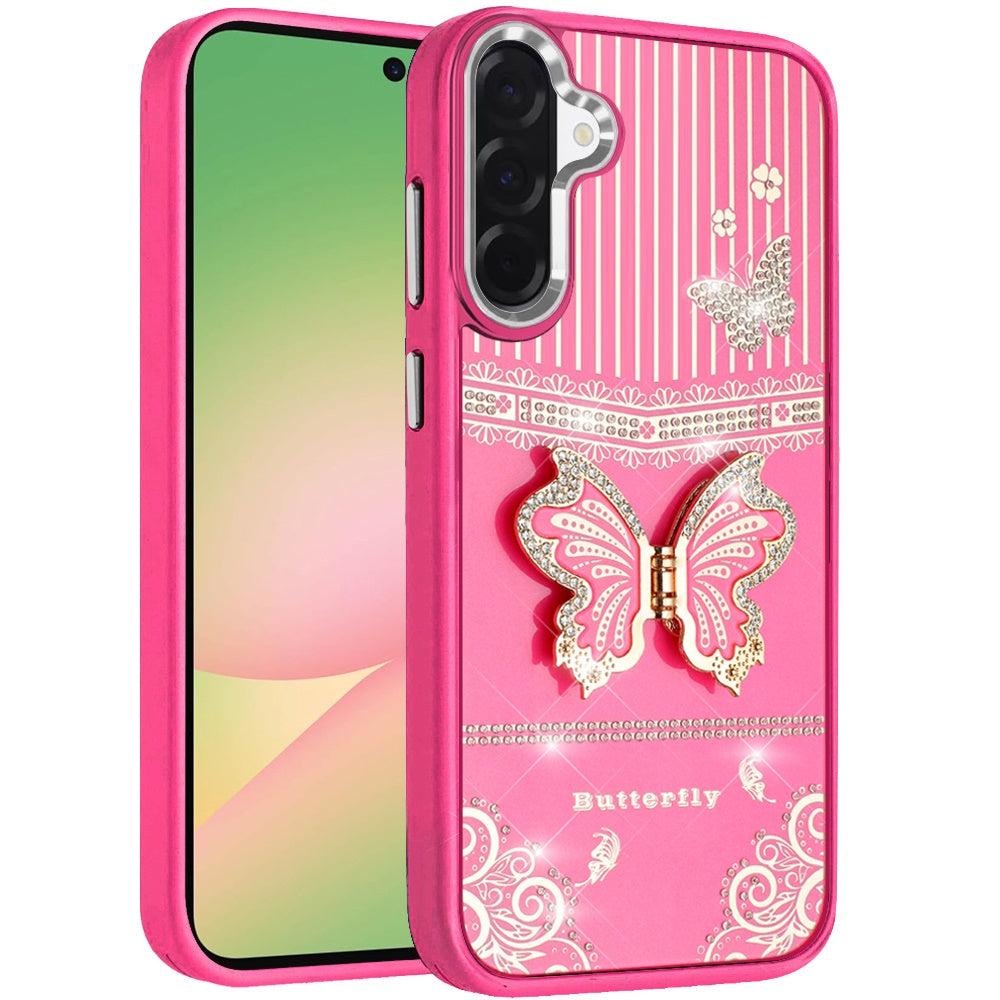 For Samsung Galaxy A57 Glitter 3D Butterfly Design Bling Metallic Edge Hybrid Stand Drop Protection TPU Shockproof Case Cover