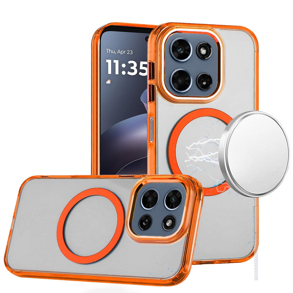 For Motorola Moto G Play 5G 2026 Transparent Back Hybrid Case - Magnetic Circle, Color Frame, Metal Buttons, MagSafe Compatible Case Cover Cosmic Orange
