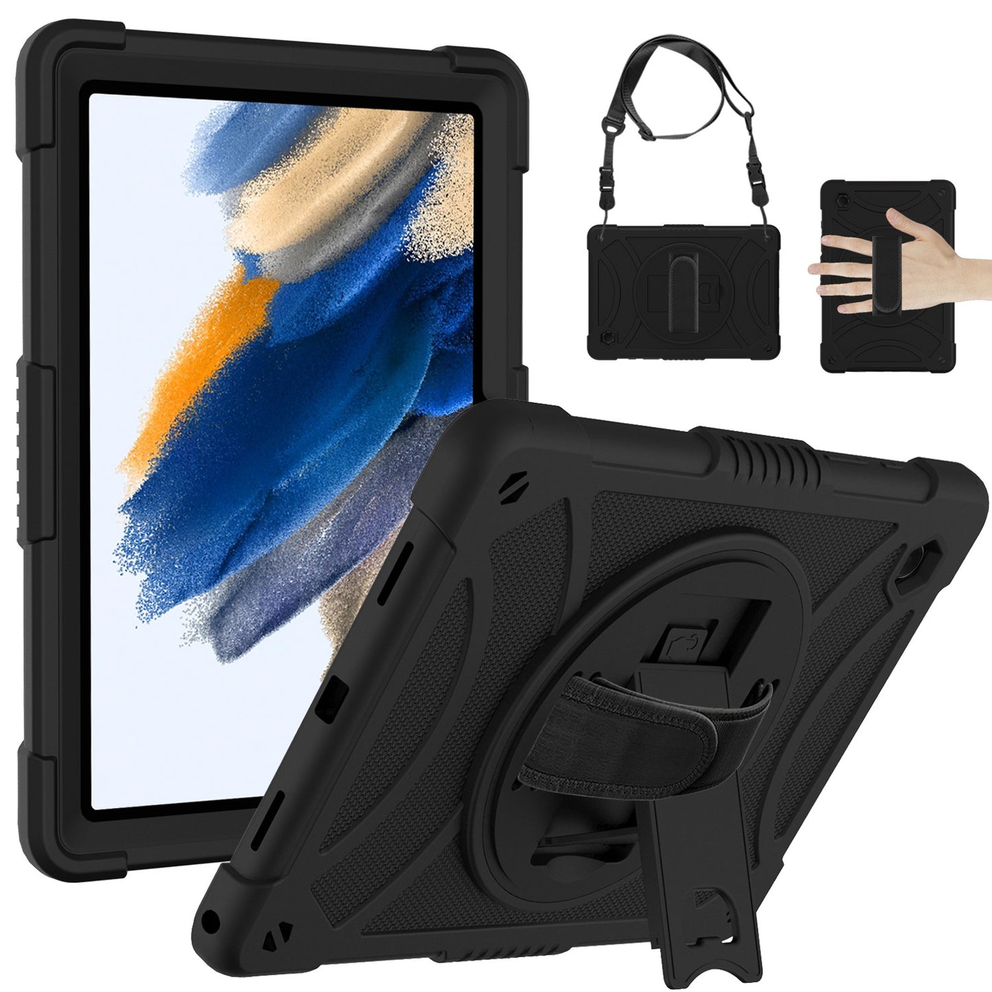 For 3-in-1 Tough Hybrid Shockproof Protector Silicone TPU with Pencil Holder, Kickstand, Hand & Shoulder Strap Black Tablet Case Cover