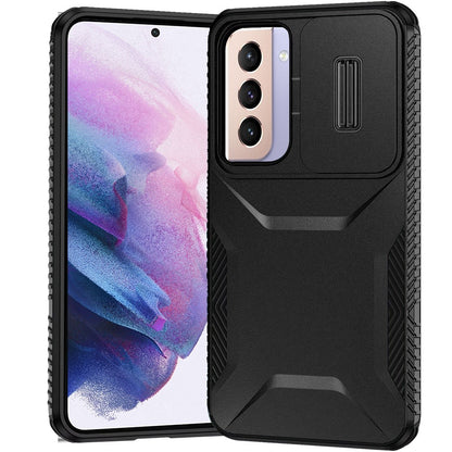 For Samsung Galaxy S21 Slim Fit Shockproof Hybrid with Slide Camera Window Covering, Rugged Tpu Silicone Hard PC Bumper Case Cover Black