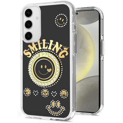 For Samsung Galaxy S25 /S24 Smiling Glitter Ornament Bling Sparkle with Ring Stand Hybrid Slim TPU + Hard Back Shell Case Cover