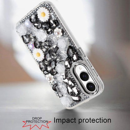 For Samsung Galaxy S25 Edge Fashion Daisy Floral Series, Full 3D Bling Crystal Diamonds Sparkling Rhinestone Glitter Hybrid Design Case Cover
