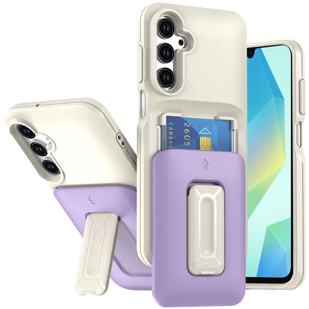 For Samsung Galaxy A16 5G Wallet Case with 2- Credit Card Holder, Wrist Strap & Kickstand Hybrid Shockproof TPU Case Cover Beige+Light Purple