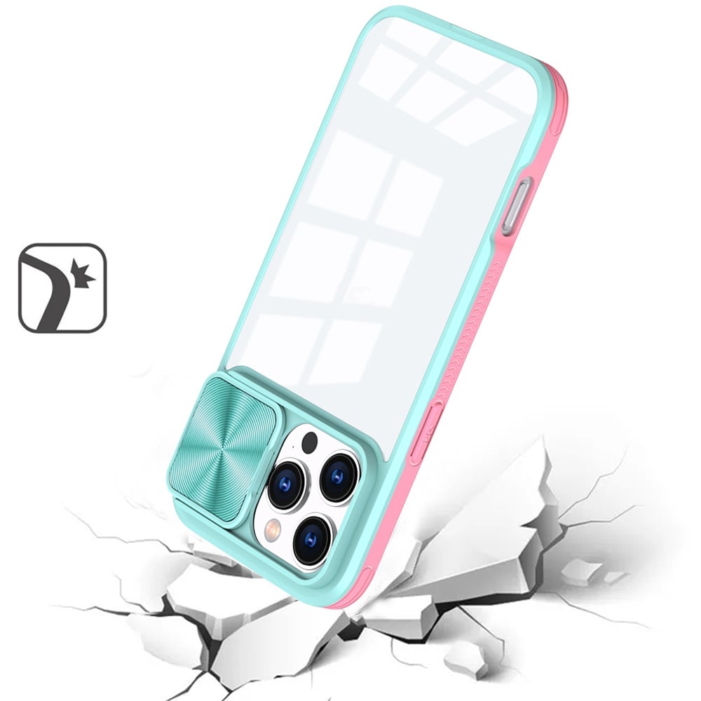 For Apple iPhone 16 Pro Hybrid Cases with Sliding Camera Cover Transparent Shockproof Bumper TPU Protective Case Cover Pink/Blue