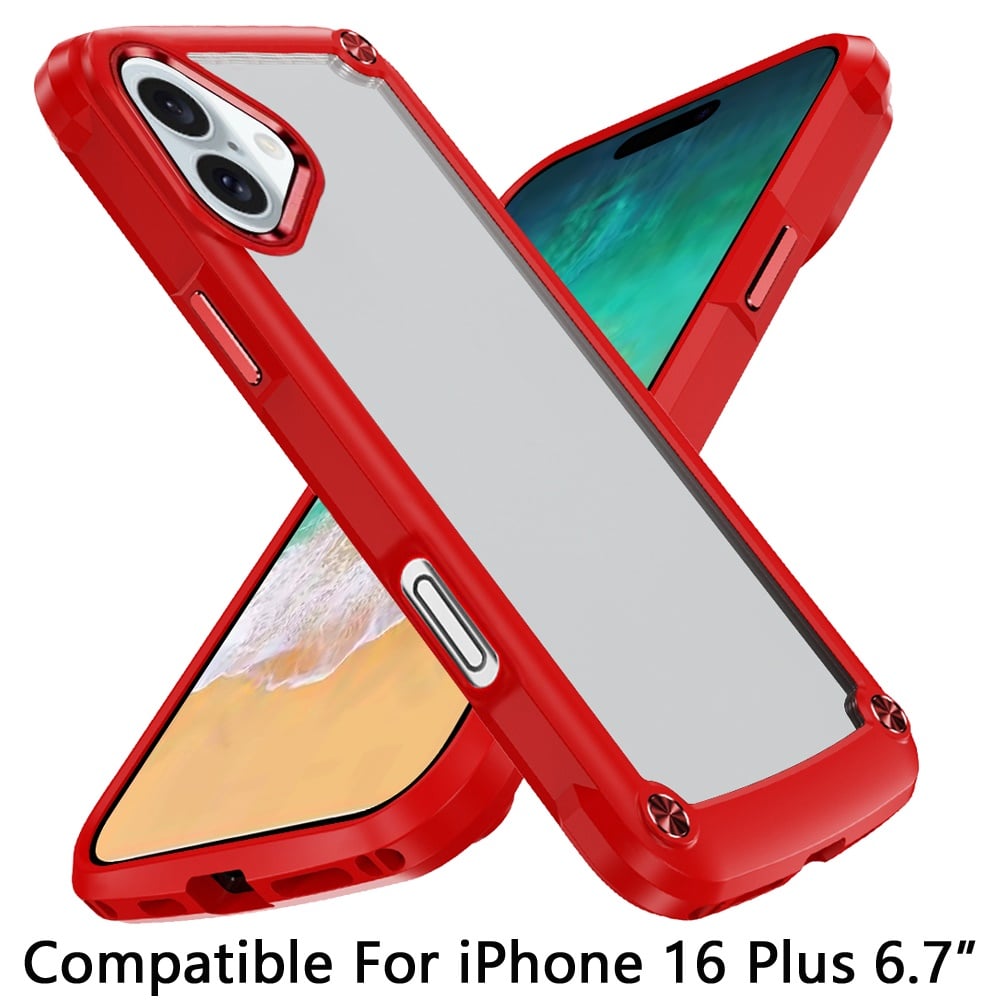 For Apple iPhone 16 Plus Hybrid Transparent Rubber with Metal Buttons & Camera Edges Hard TPU Corner Frame Bumper Case Cover Black